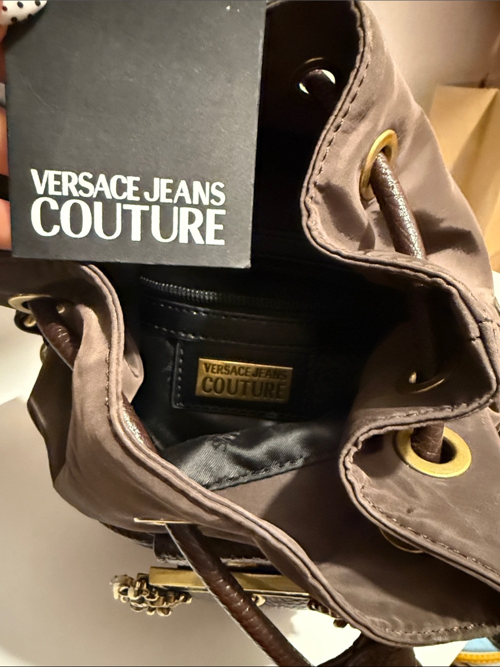 Versace Jeans Couture Brown Leather Mini Bucket Bag with Gold Hardware - Picture 3 of 6